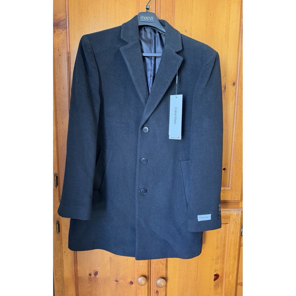 Calvin Klein Men's 44 Prosper Slim Fit Overcoat Coat Black Wool Blend NEW NWT
